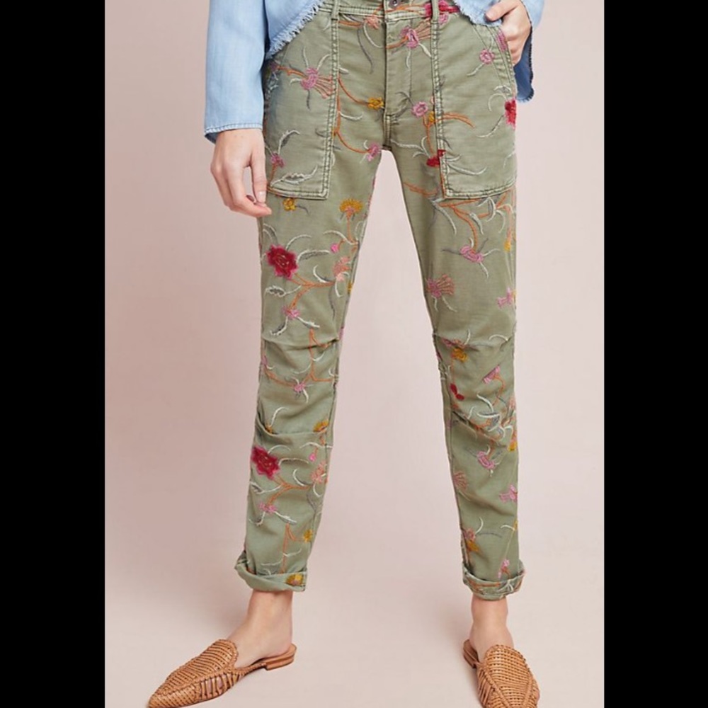 Anthropologie Wandered Floral Embroidered Pants